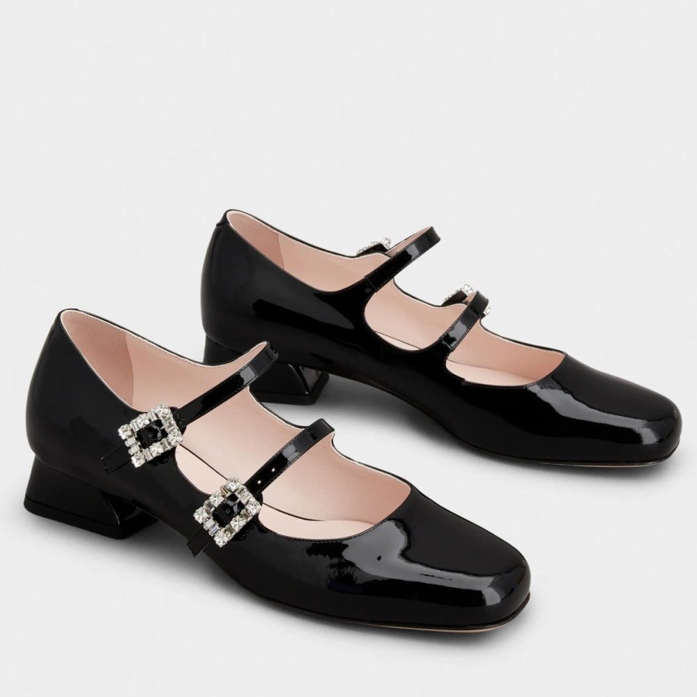 Cheap Reps Roger Vivier Tres Vivier Strass Buckle Mini Babies Ballerinas in Black Patent Leather