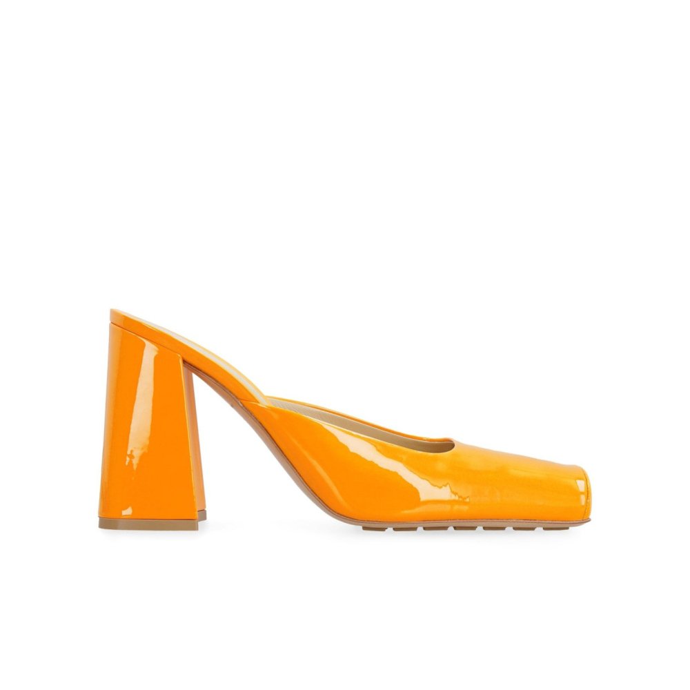 Cheap Reps Bottega Veneta Tower Mules In Orange Patent Calfskin