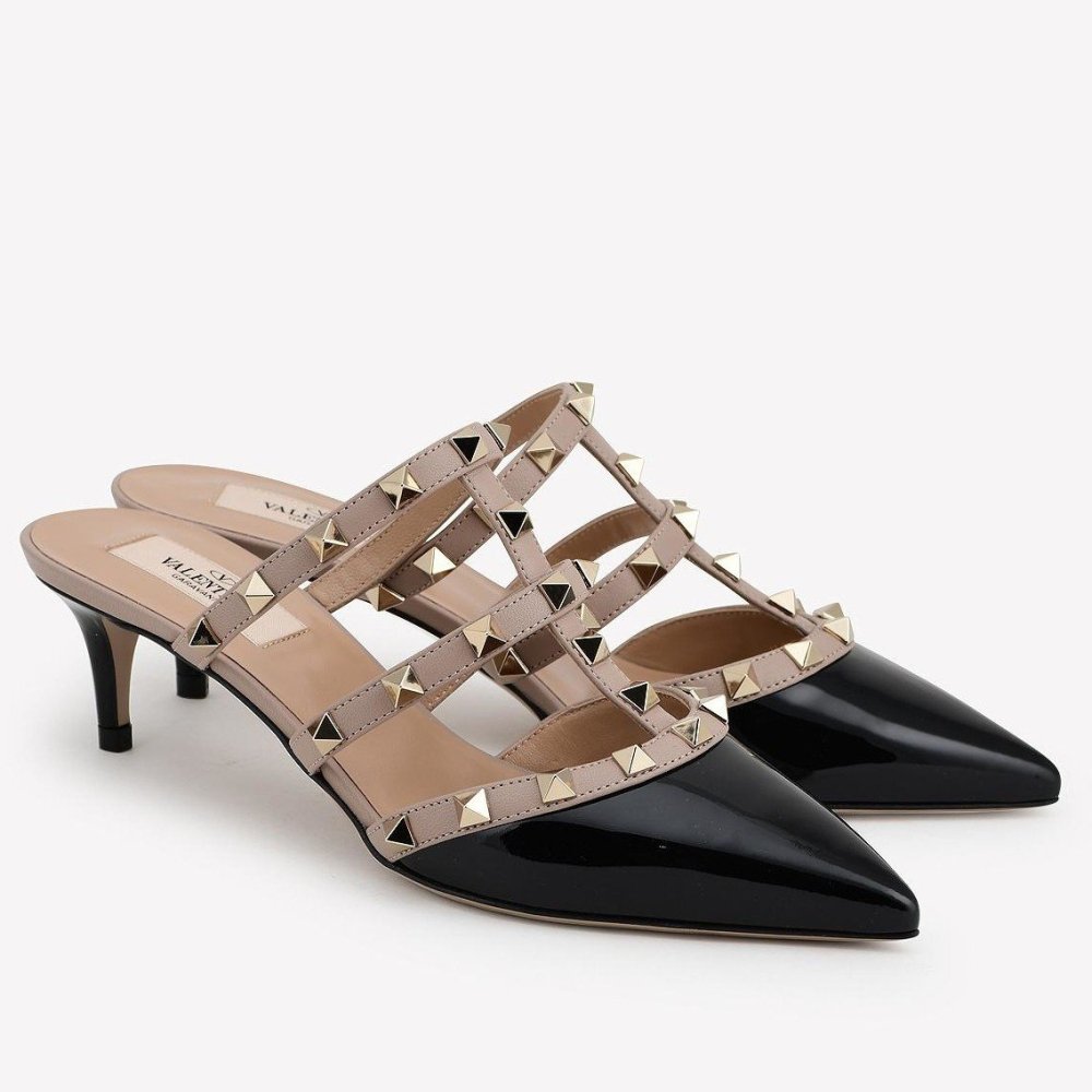 Cheap Reps Valentino Rockstud Mules 50mm In Black Patent Calfskin