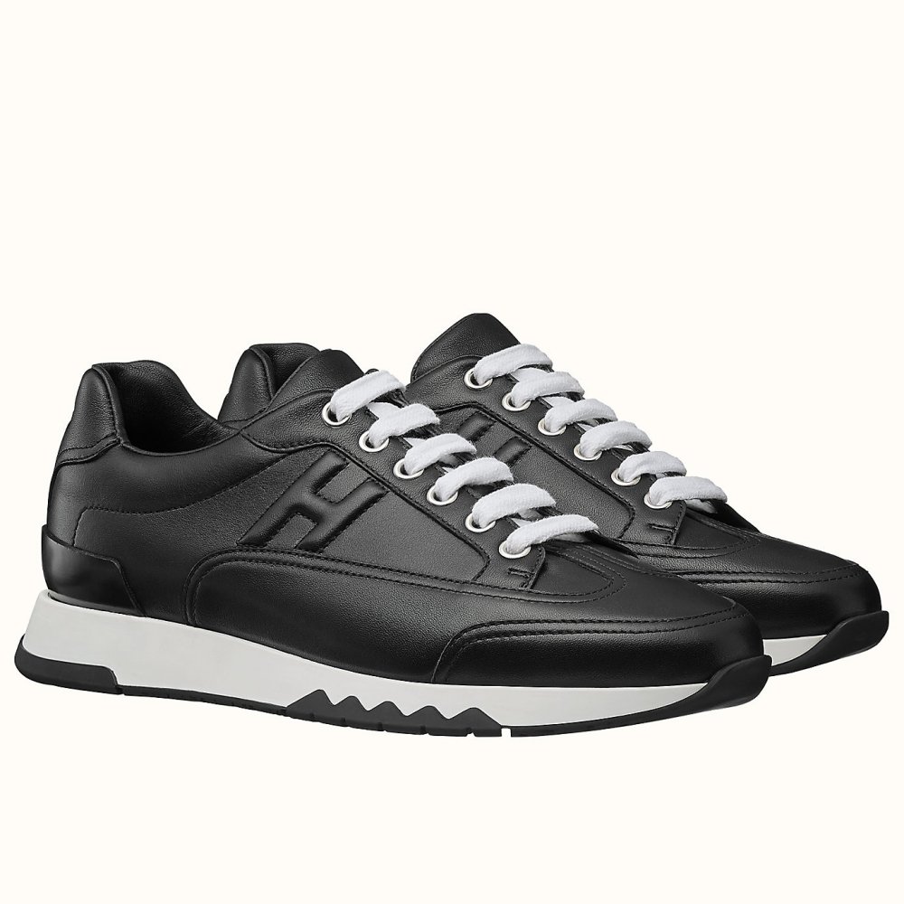 Cheap Reps Hermes Mens Trail Sneakers In Black Calfskin Leather