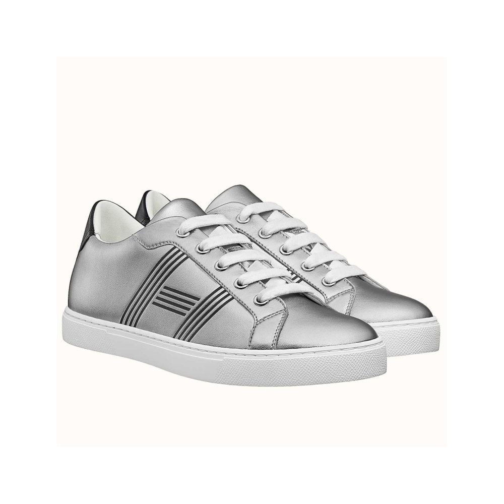 Cheap Reps Hermes Mens Avantage Sneakers In Grey Metallic Leather