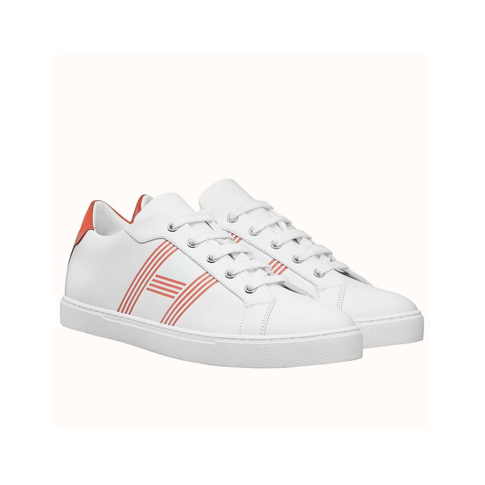 Cheap Reps Hermes Mens Avantage Sneakers In White/Orange Calfskin