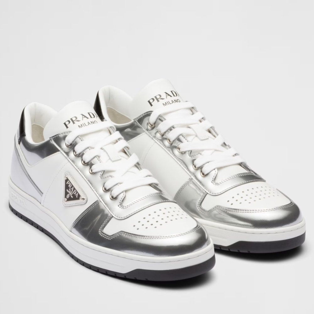 Cheap Reps Prada Mens Downtown Sneakers in White and Silver Leather