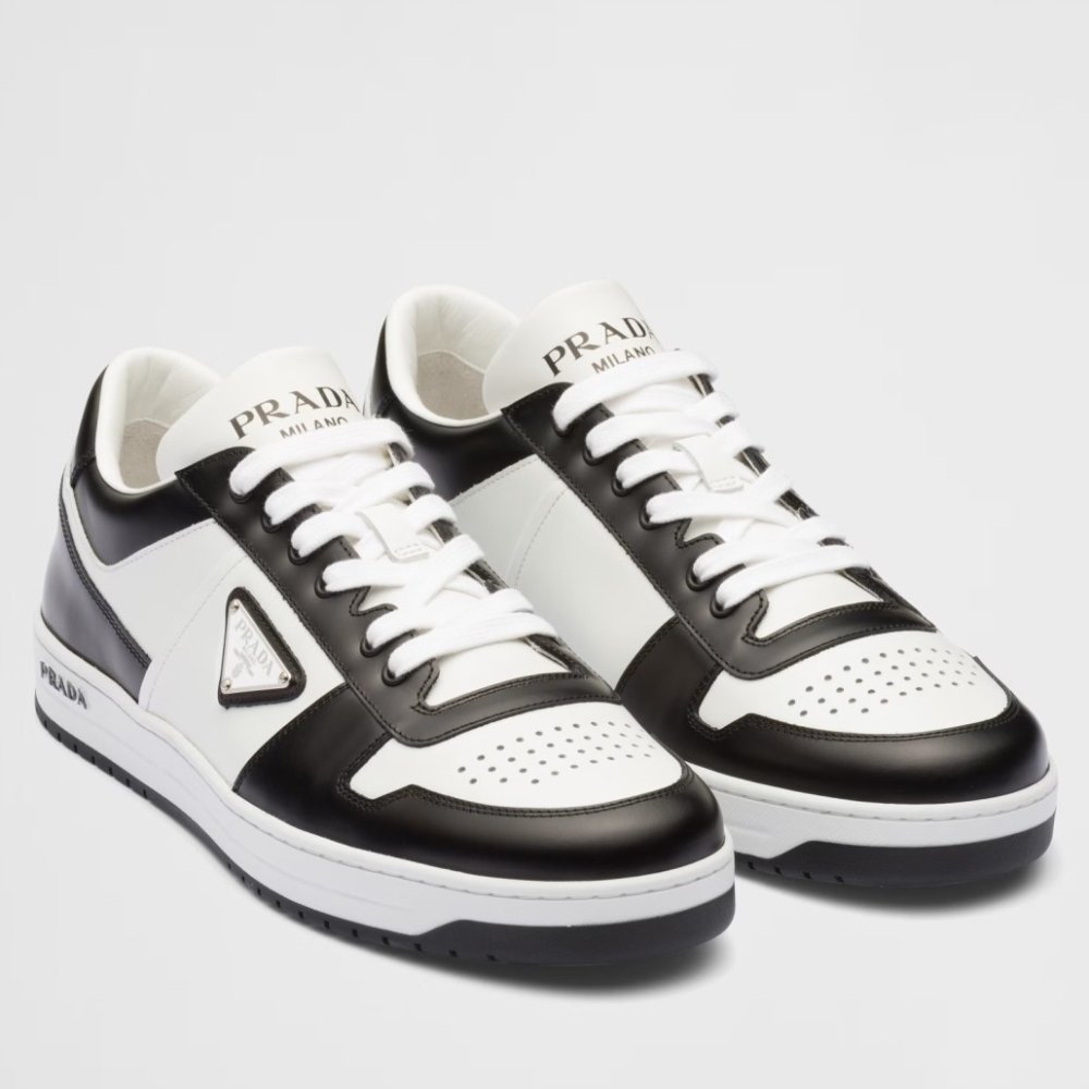 Cheap Reps Prada Mens Downtown Sneakers in White and Black Leather