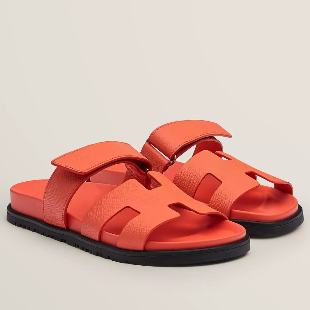 Cheap Reps Hermes Mens Chypre Sandals in Orange Epsom Calfskin