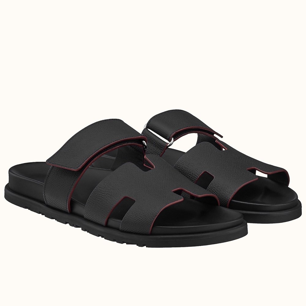 Cheap Reps Hermes Mens Chypre Sandals in Black Epsom Calfskin