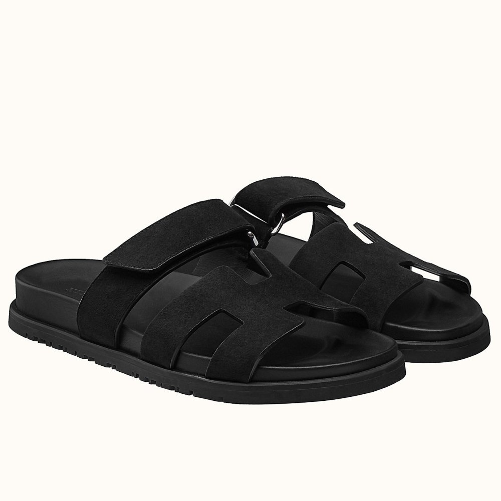 Cheap Reps Hermes Mens Chypre Sandals in Black Suede Calfskin