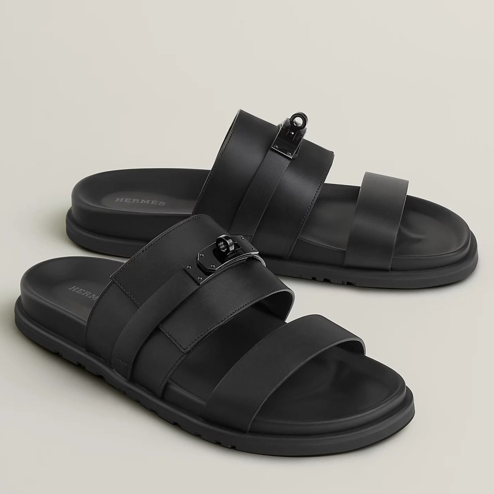 Cheap Reps Hermes Mens Jackson Sandal in Black Calfskin