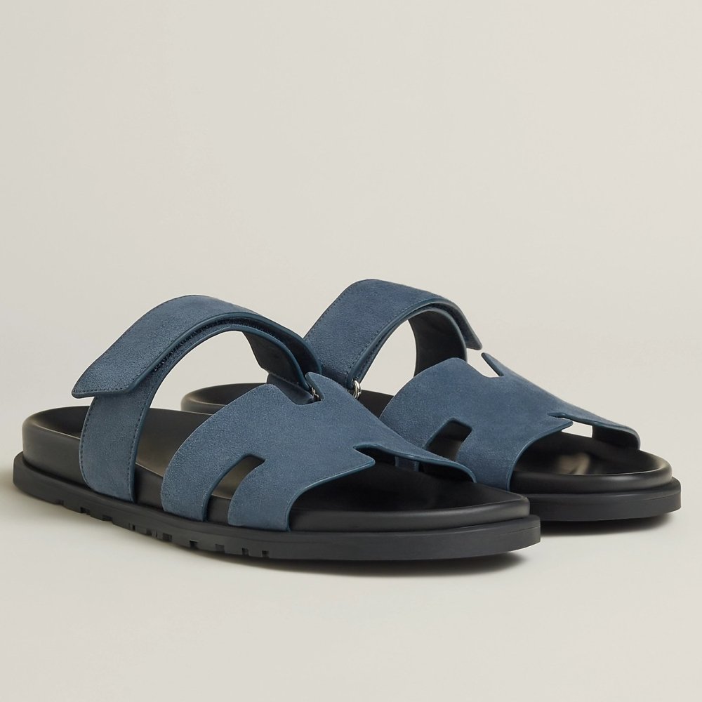 Cheap Reps Hermes Mens Chypre Sandals in Blue Suede Calfskin