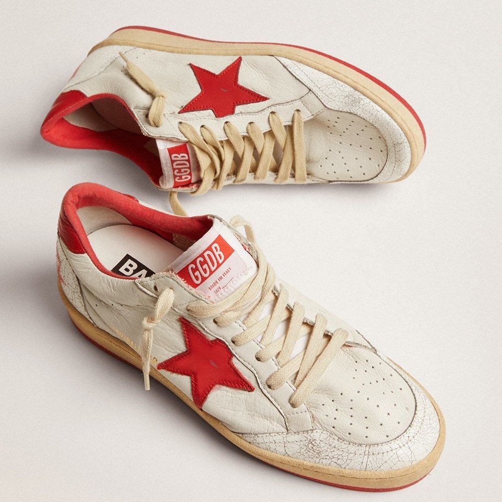 Cheap Reps Golden Goose Womens Ball Star Sneakers with Red Star and Heel Tab