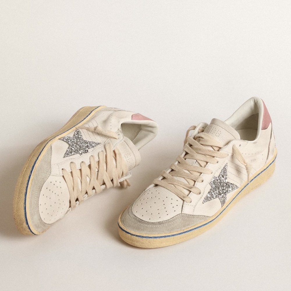 Cheap Reps Golden Goose Womens Ball Star Sneakers with Silver Glitter Star and Pink Suede Heel Tab