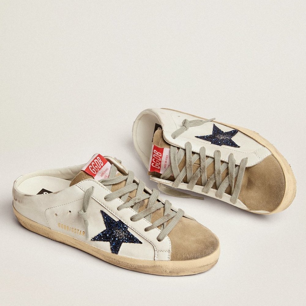 Cheap Reps Golden Goose Womens Super-Star Sabots with Blue Glitter Star