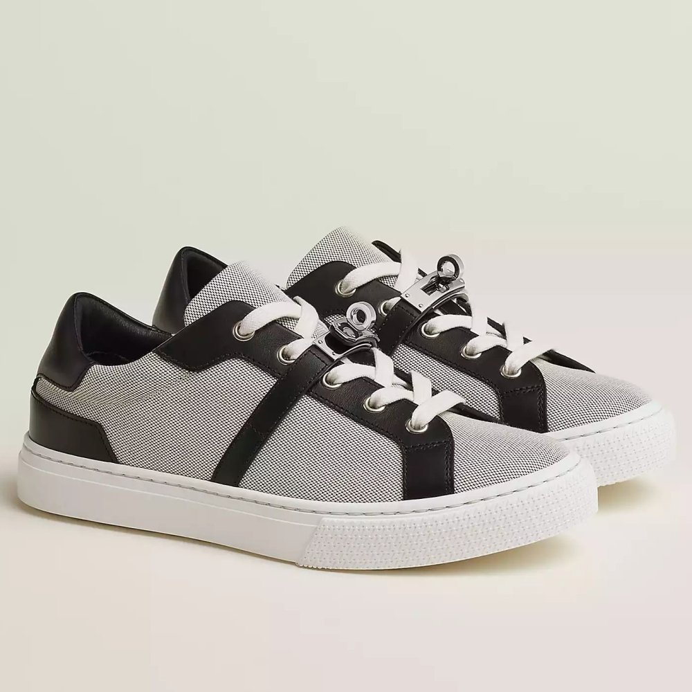 Cheap Reps Hermes Womens Day Sneakers in H Canvas with Black Leather