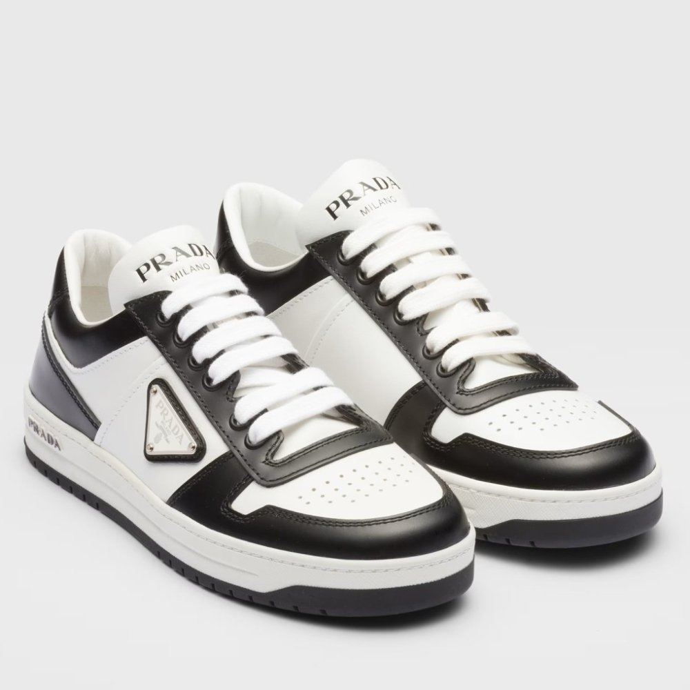 Cheap Reps Prada Downtown Sneakers in White and Black Calfskin