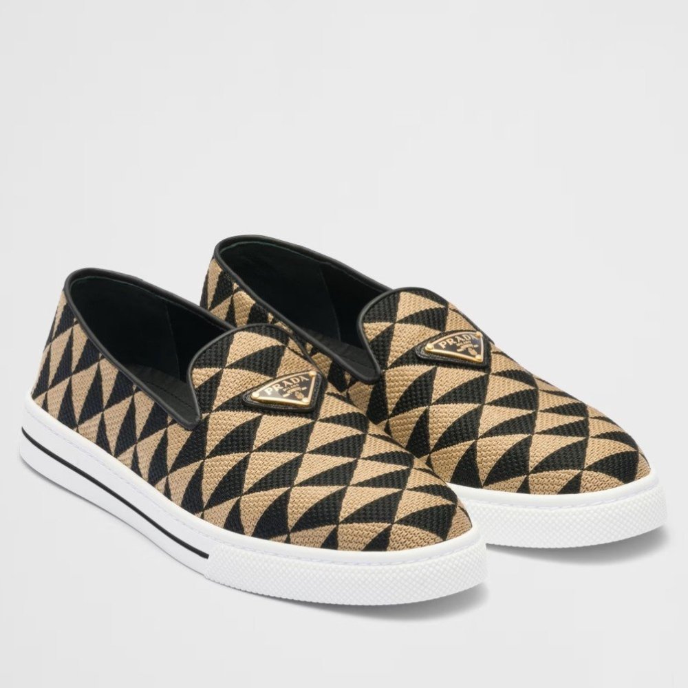 Cheap Reps Prada Slip-on Sneakers in Black/Beige Embroidered Fabric