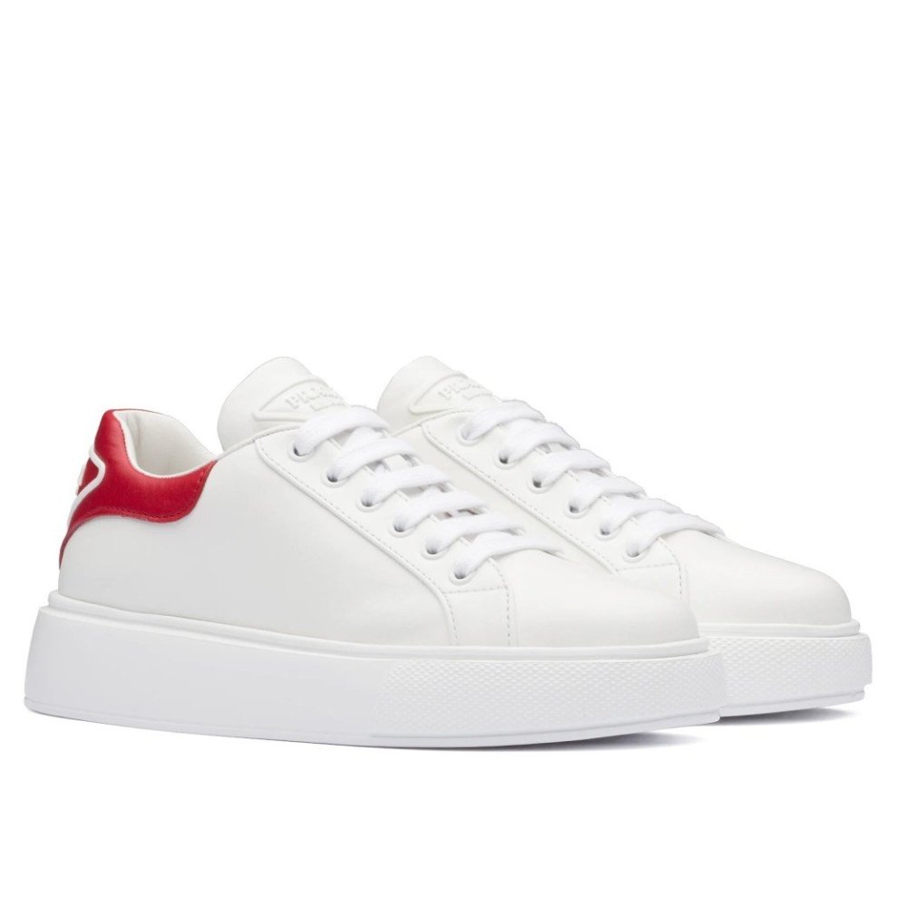 Cheap Reps Prada Womens Macro Sneakers In White and Red Leather