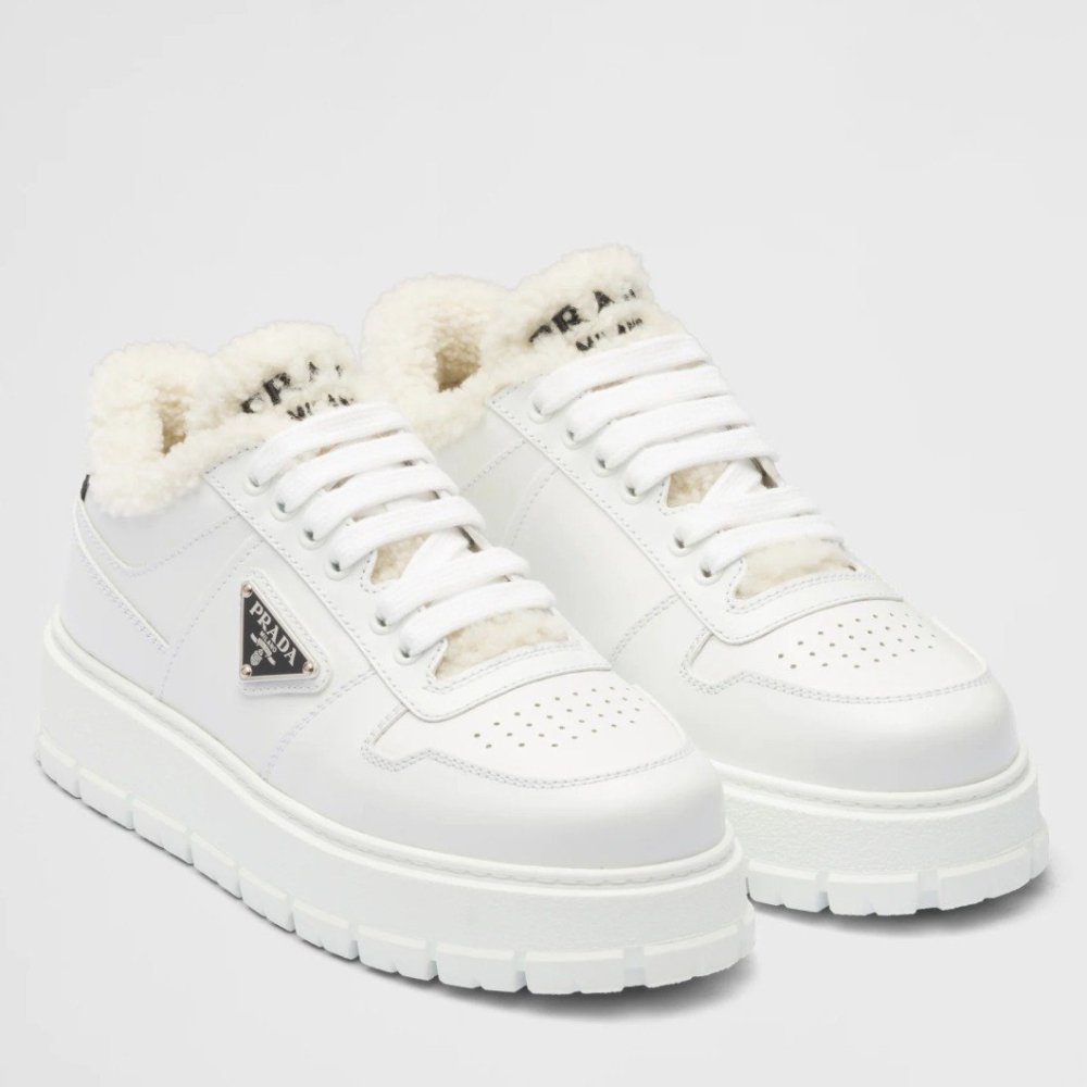 Cheap Reps Prada Womens Low-top Sneakers in Leather and Shearling