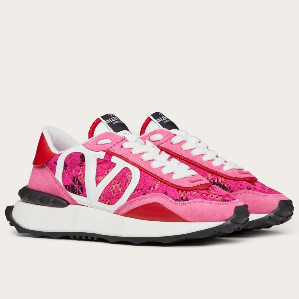 Cheap Reps Valentino Womens Lacerunner Sneakers in Pink Lace and Mesh