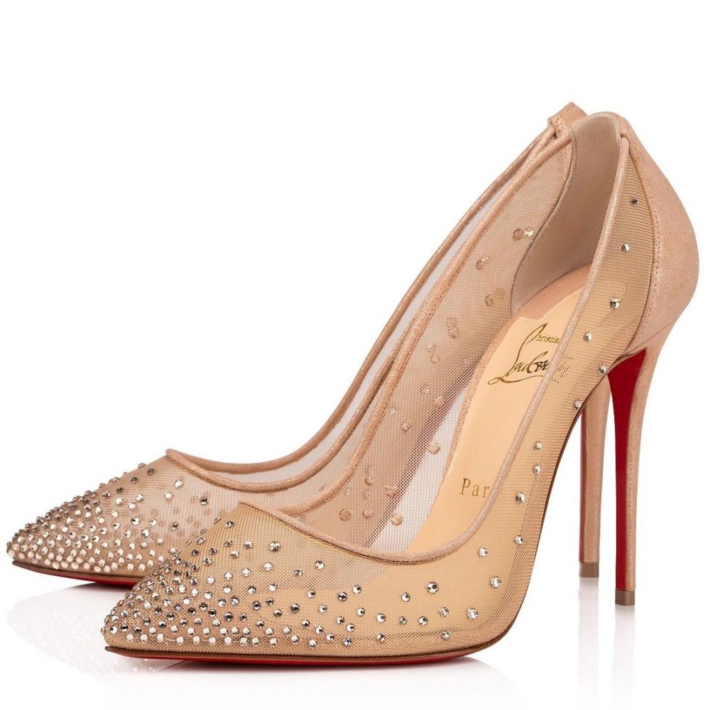 Cheap Reps Christian Louboutin Follies Strass Pumps 100mm In Nude Mesh