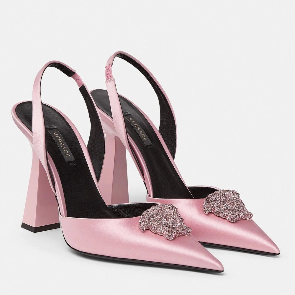 Cheap Reps Versace La Medusa Slingback Pumps In Pink Satin