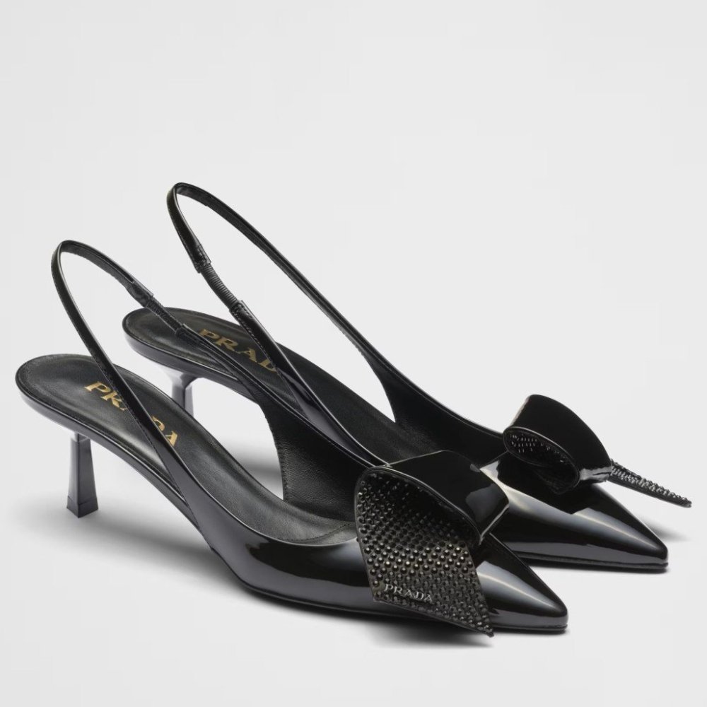 Cheap Reps Prada Slingback Pumps 55mm in Black Patent with Crystals Ornament