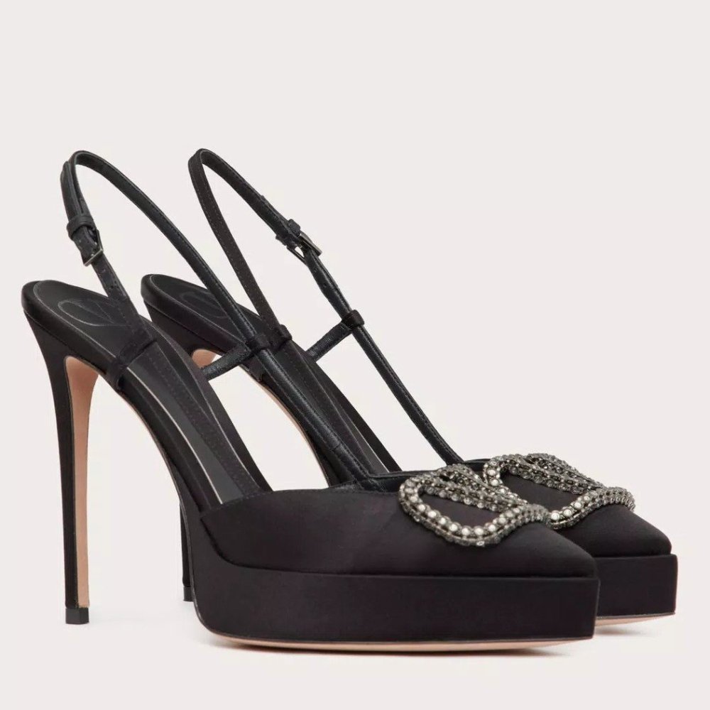 Cheap Reps Valentino VLogo Signature Slingback Platform Pumps 120mm In Black Satin