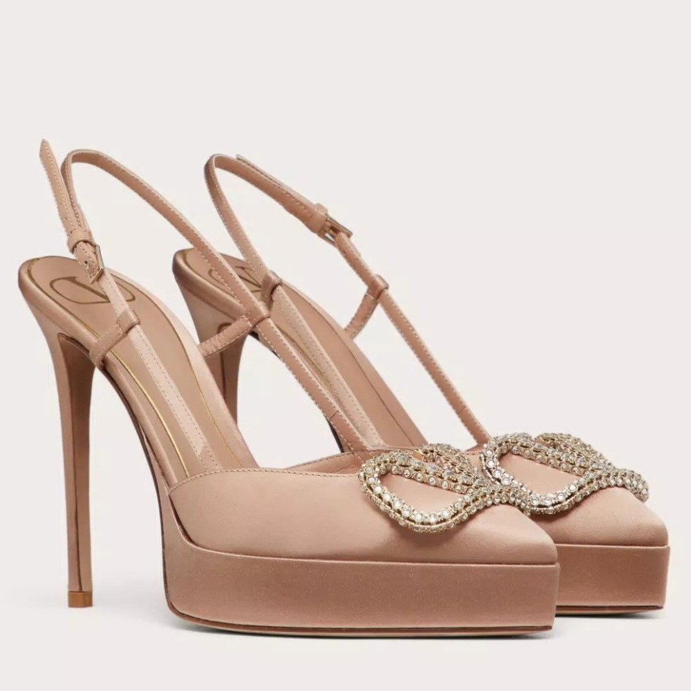 Cheap Reps Valentino VLogo Signature Slingback Platform Pumps 120mm In Nude Satin