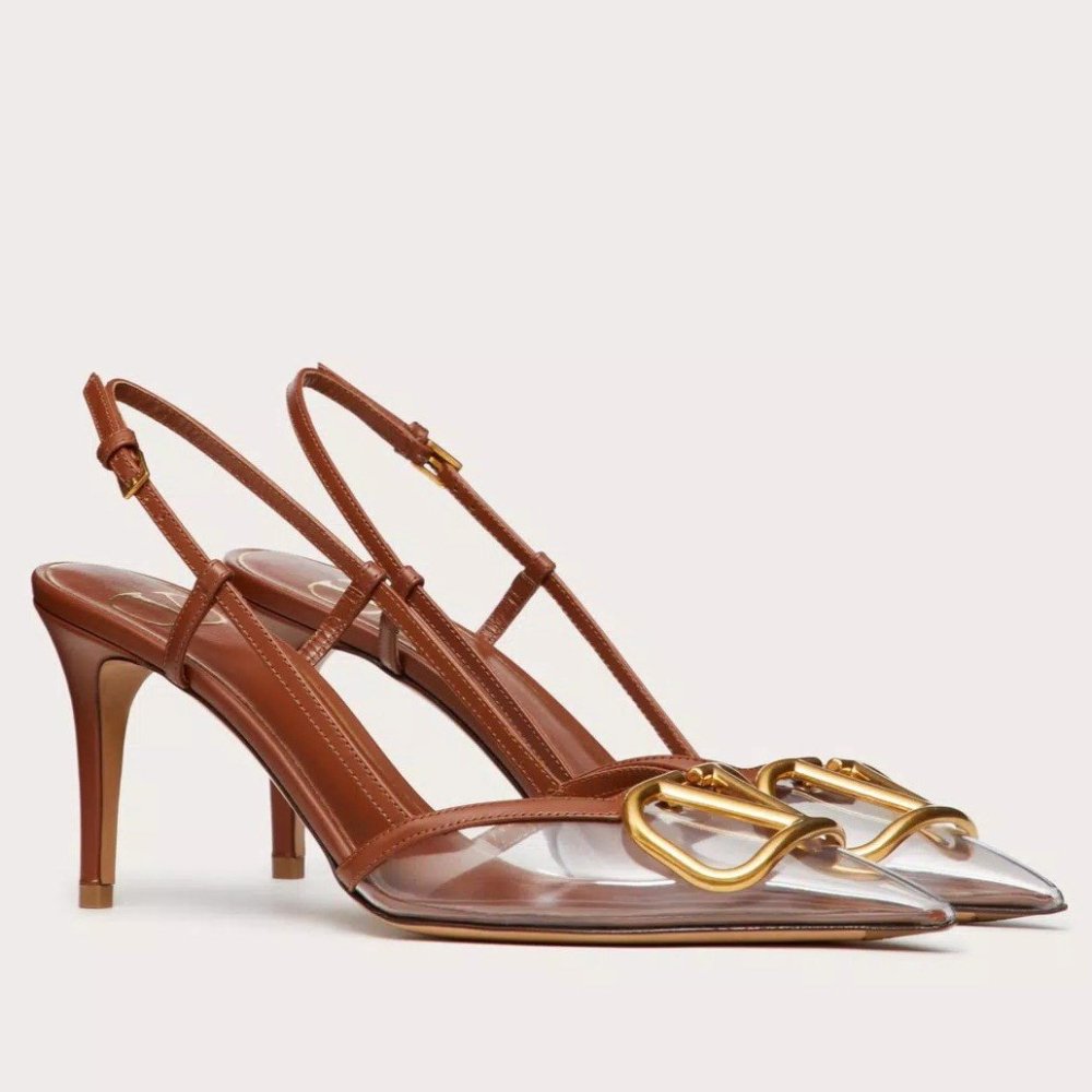 Cheap Reps Valentino Vlogo Slingback Pumps 80mm in PVC with Brown Leather