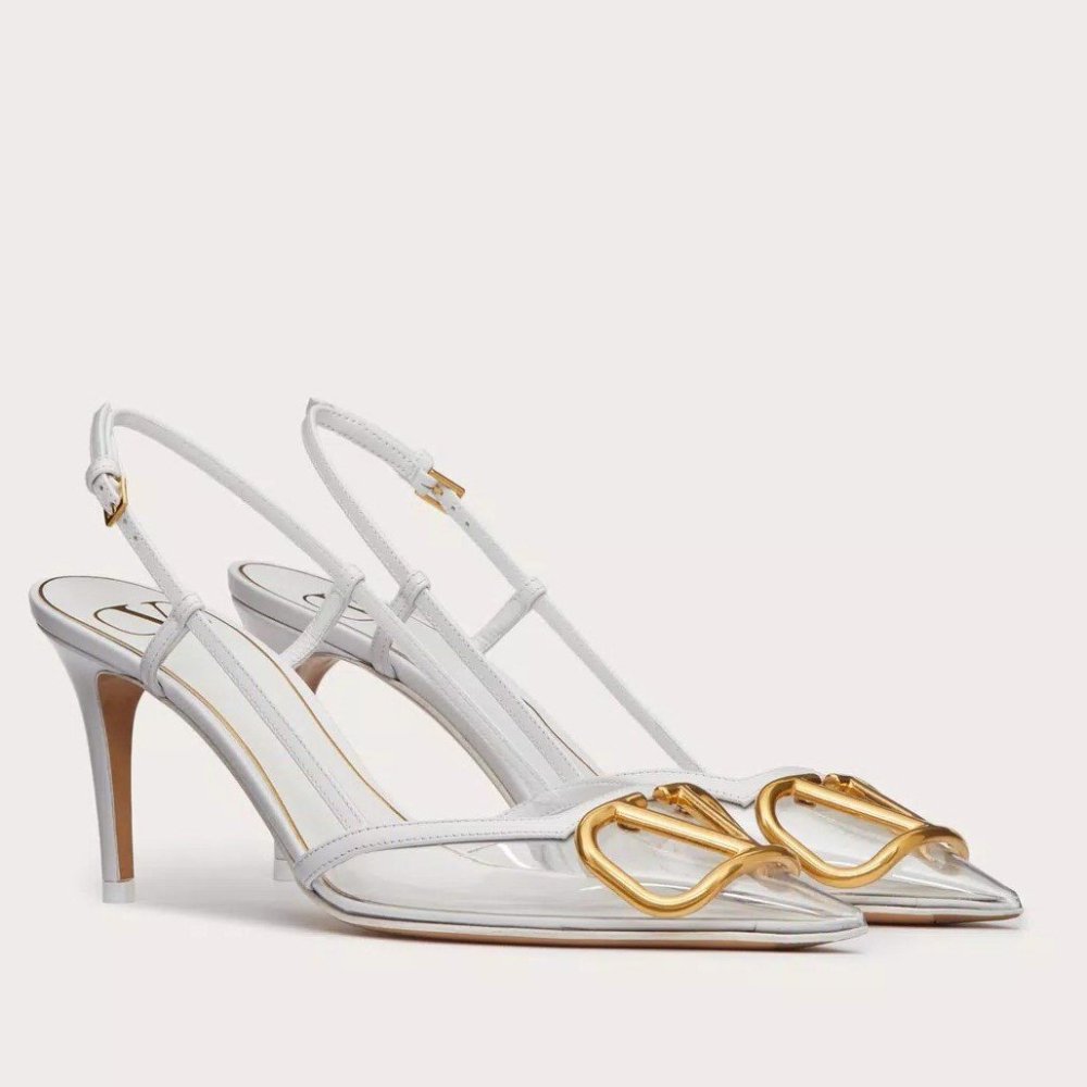 Cheap Reps Valentino Vlogo Slingback Pumps 80mm in PVC with White Leather