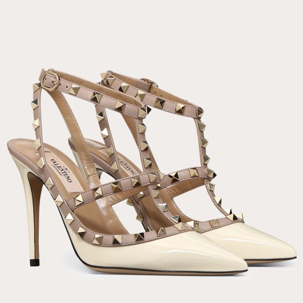 Cheap Reps Valentino Rockstud Caged Pumps 100mm In White Patent Leather