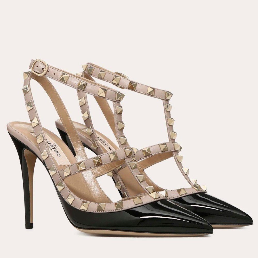 Cheap Reps Valentino Rockstud Caged Pumps 100mm In Black Patent Leather