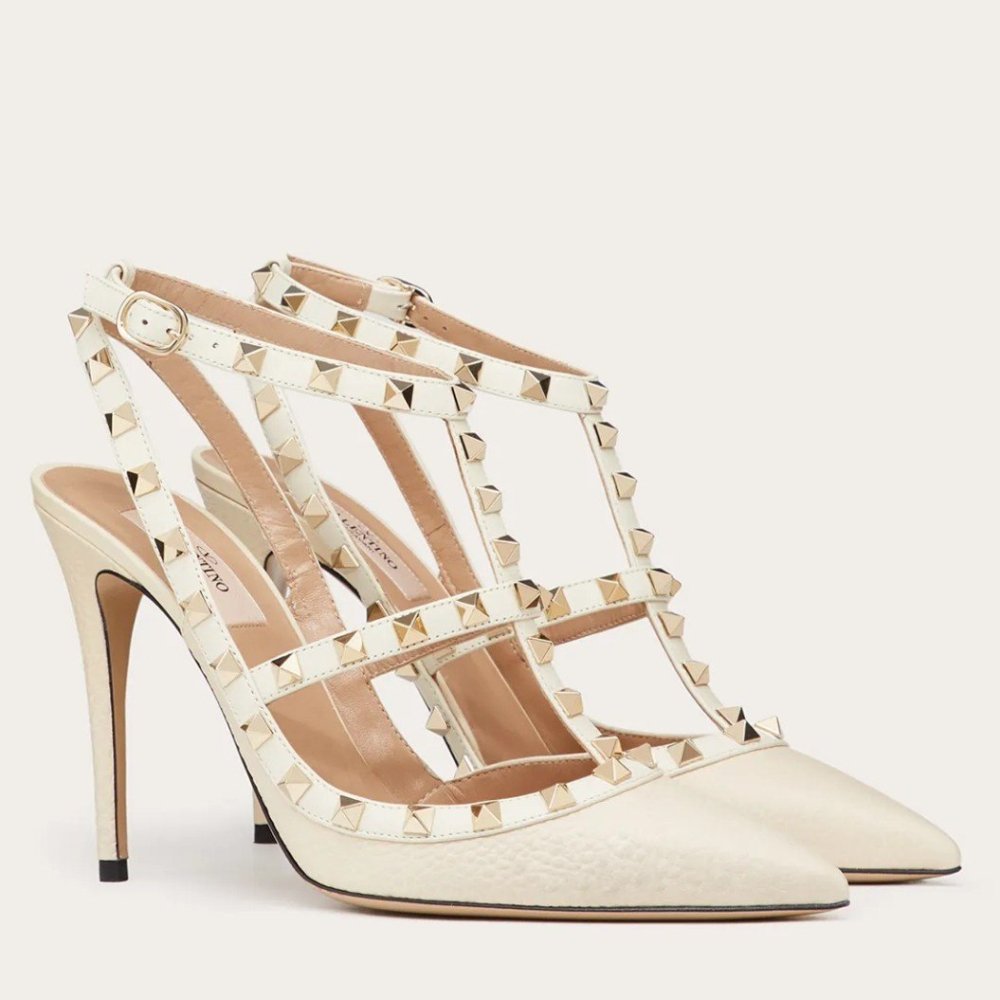 Cheap Reps Valentino Rockstud Ankle Strap Pumps 100mm In White Calfskin