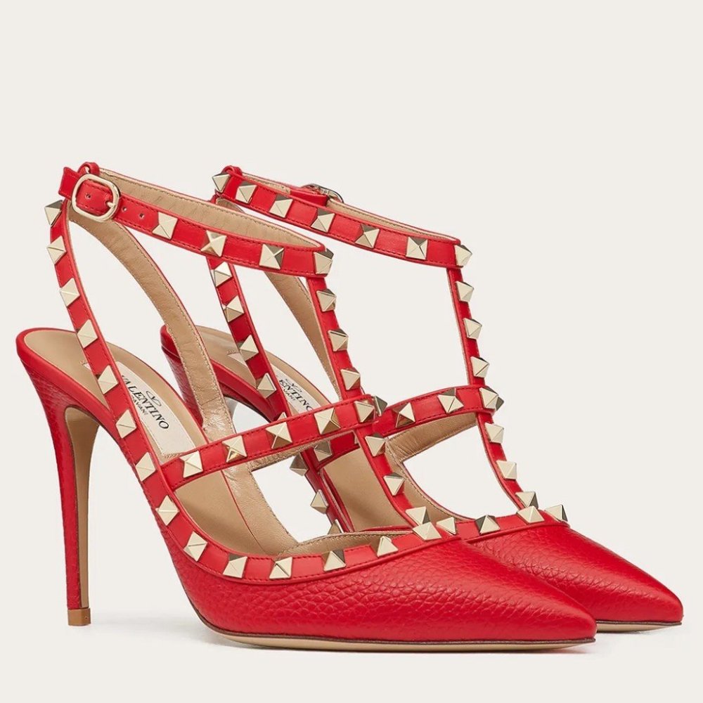 Cheap Reps Valentino Rockstud Ankle Strap Pumps 100mm In Red Calfskin