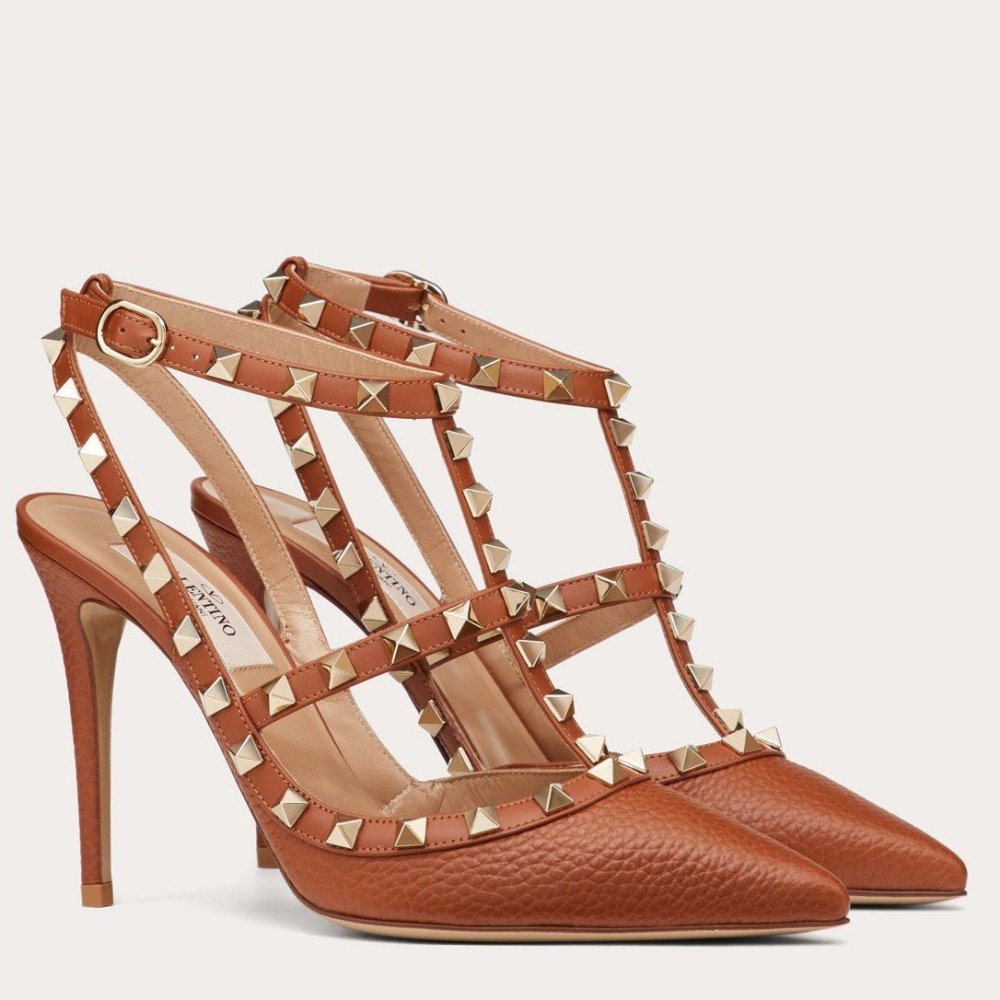 Cheap Reps Valentino Rockstud Ankle Strap Pumps 100mm In Brown Calfskin