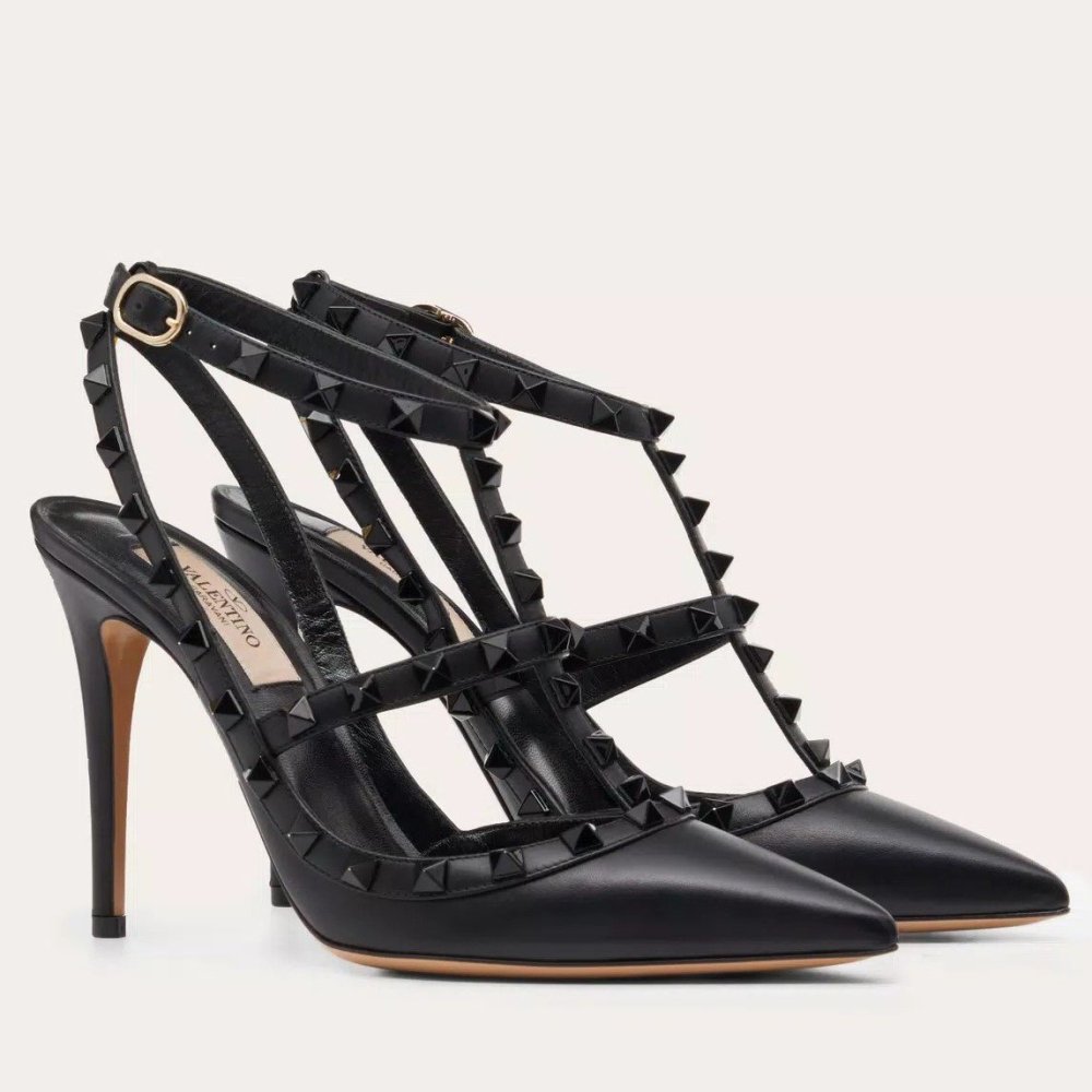 Cheap Reps Valentino Rockstud Ankle Strap Black Pumps 100mm with Black Studs