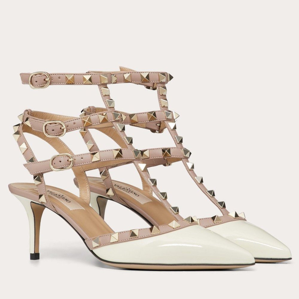 Cheap Reps Valentino Rockstud Caged Pumps 65mm In White Patent Leather