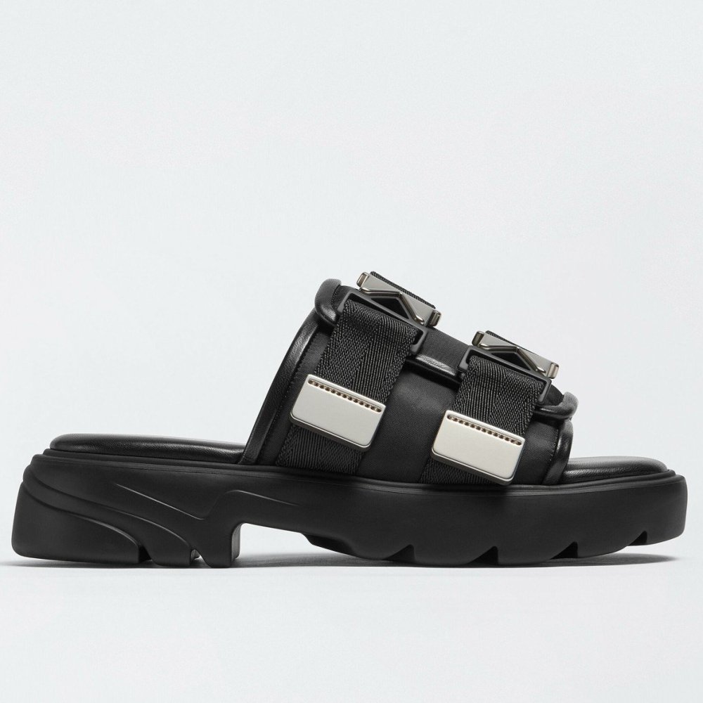 Cheap Reps Bottega Veneta Flash Flat Sandals In Black Technical Fabric