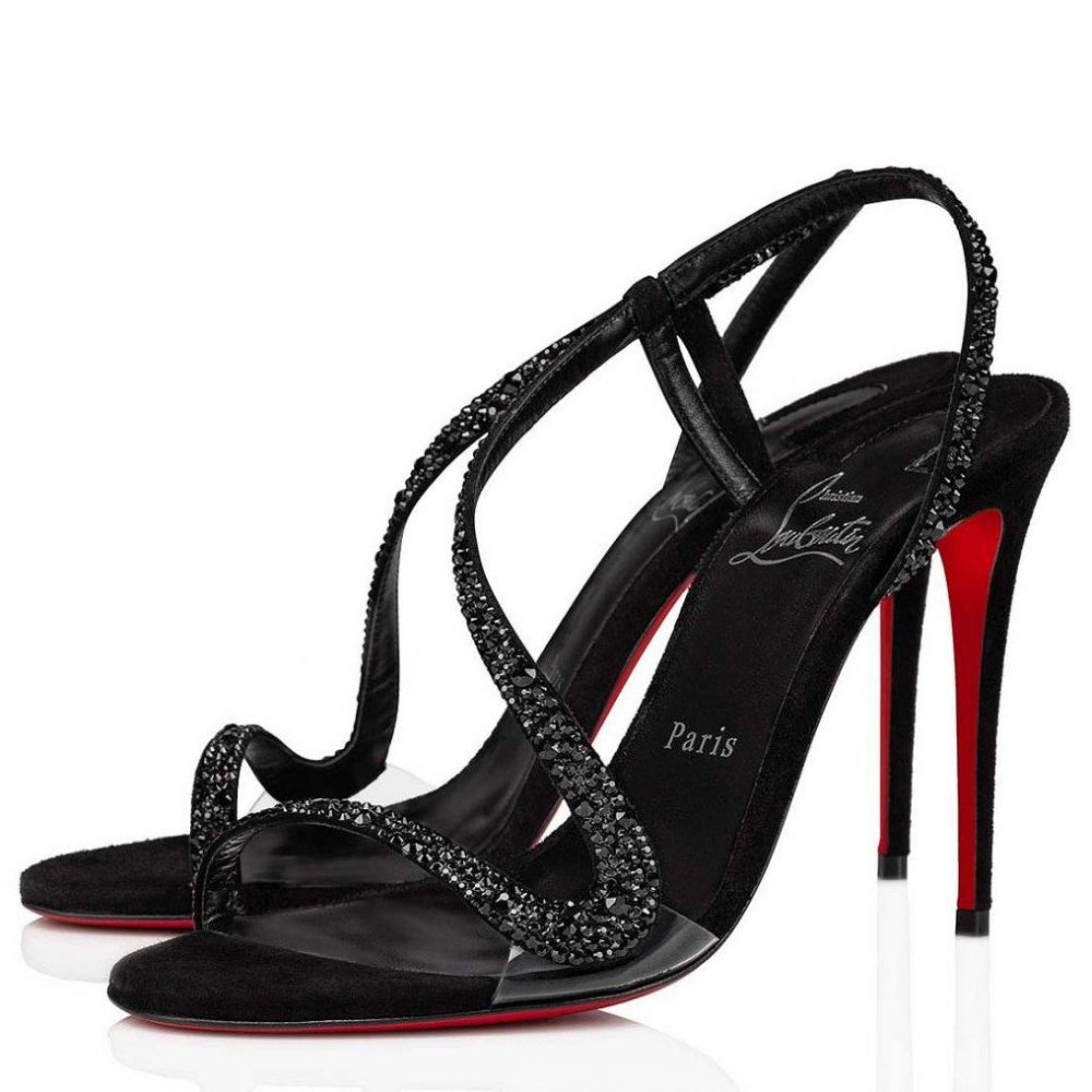 Cheap Reps Christian Louboutin Rosalie Strass Sandals 100mm in Black Leather