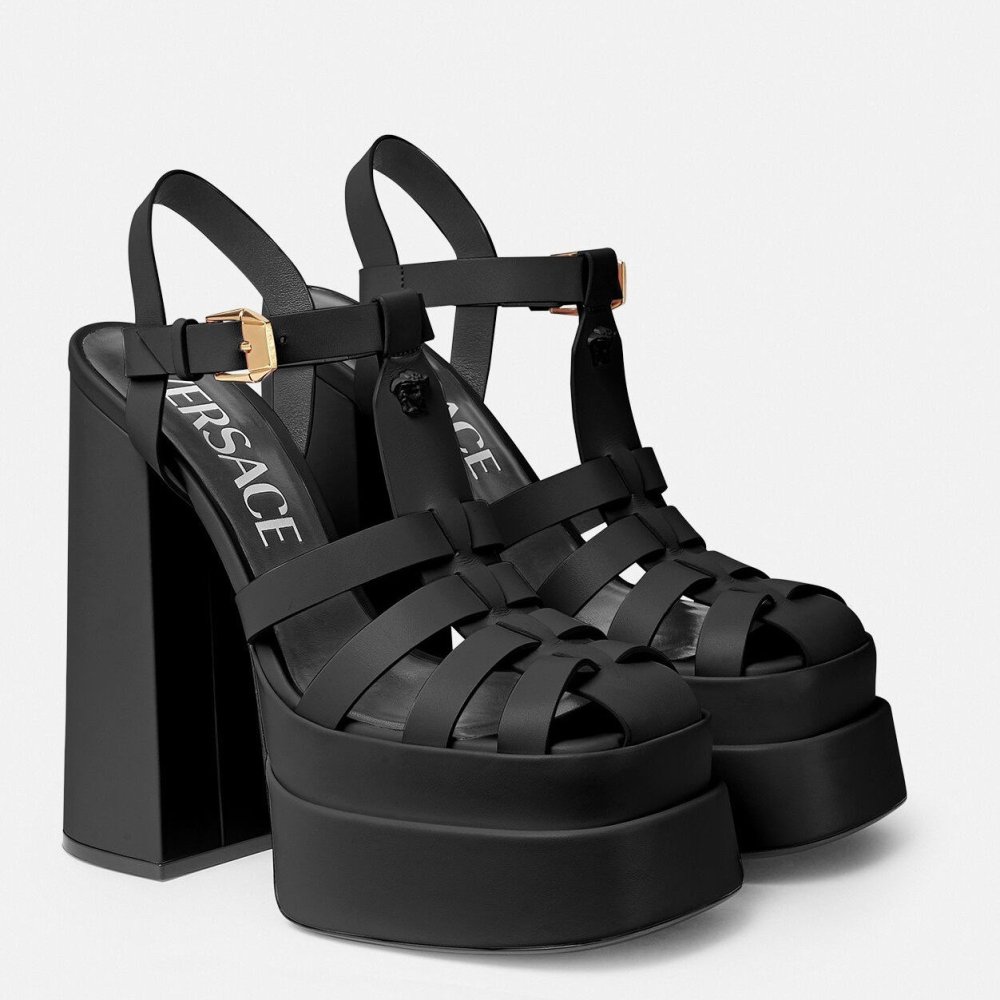 Cheap Reps Versace La Medusa Platform Sandals In Black Calfskin