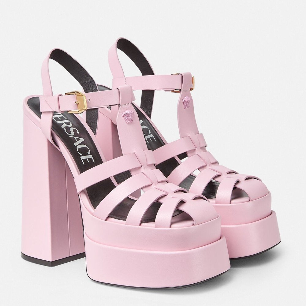 Cheap Reps Versace La Medusa Platform Sandals In Pink Calfskin