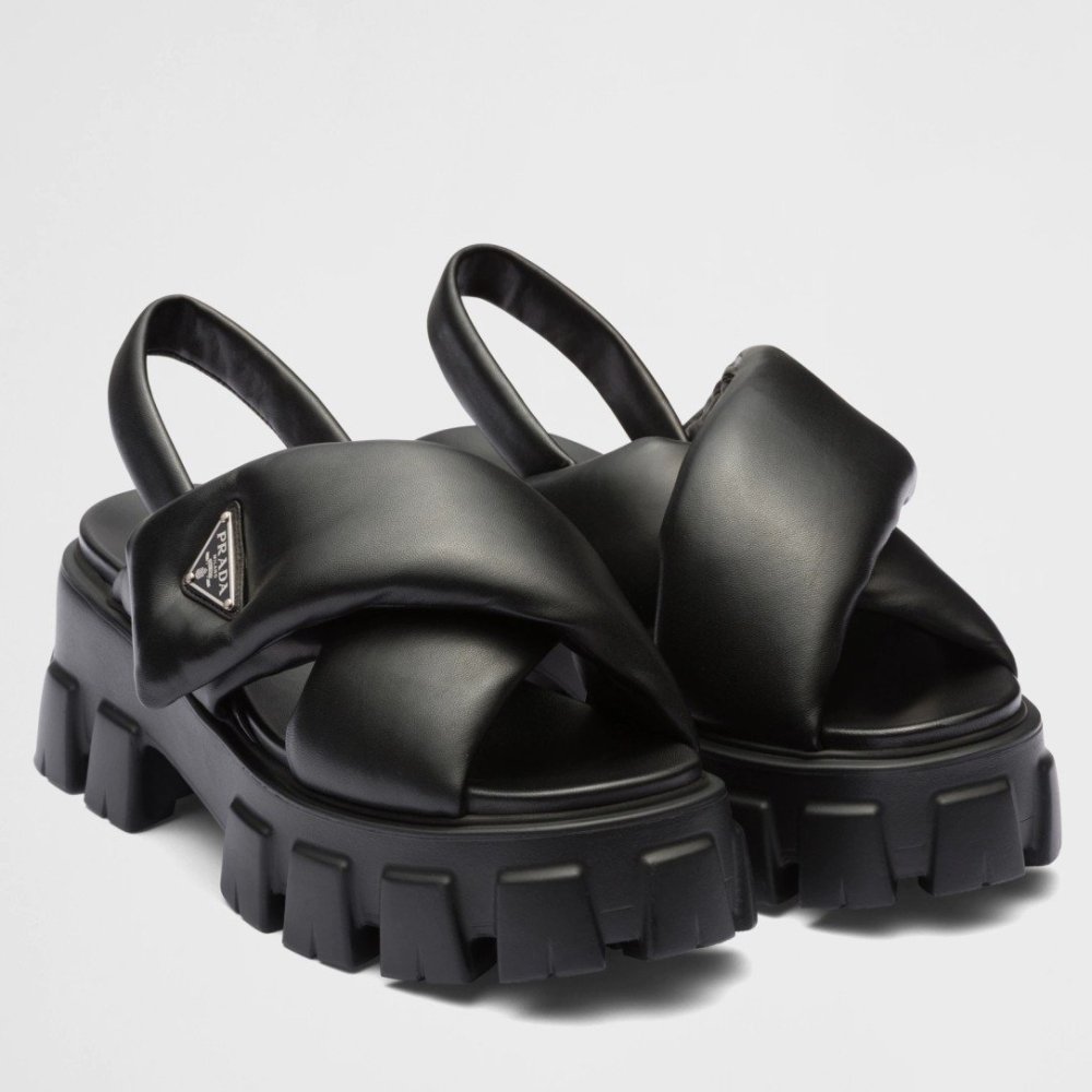 Cheap Reps Prada Monolith Padded Sandals In Black Nappa Leather