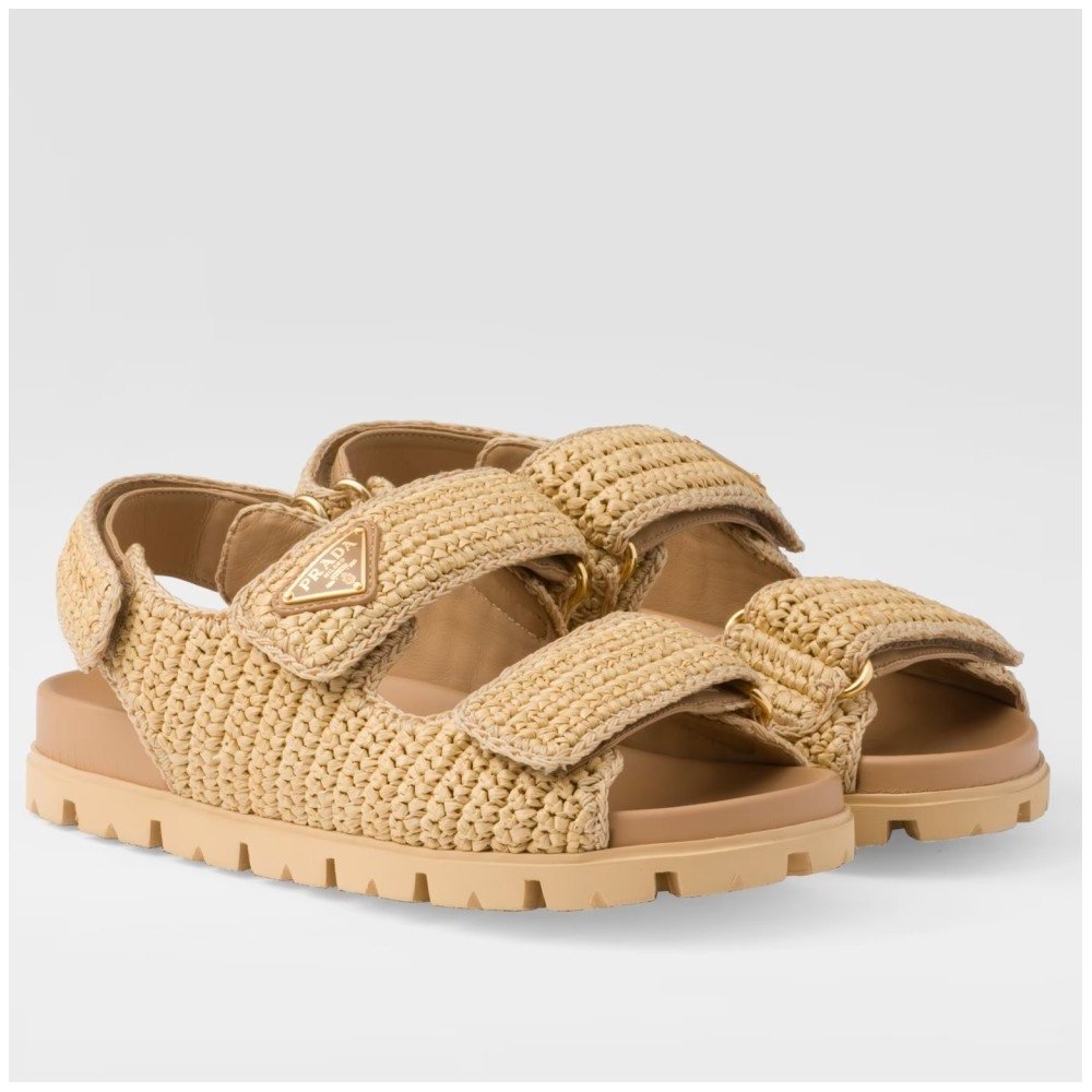 Cheap Reps Prada Womens Crochet Sandals in Natural Raffia