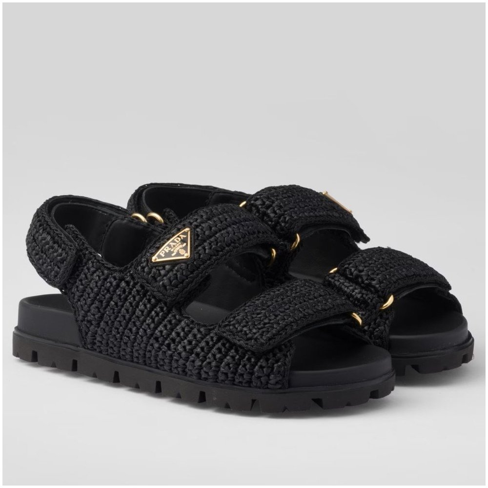 Cheap Reps Prada Womens Crochet Sandals in Black Raffia