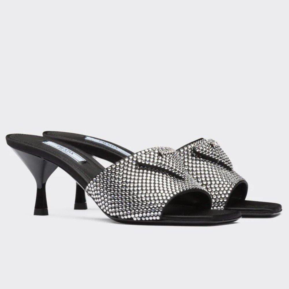 Cheap Reps Prada Black Satin Heeled Sandals with White Crystals