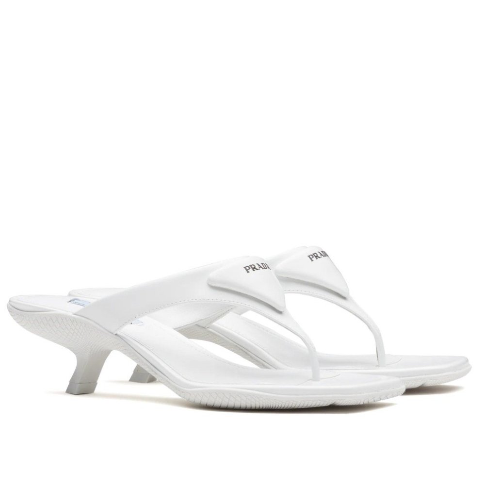 Cheap Reps Prada Heeled Thong Sandals In White Brushed Leather