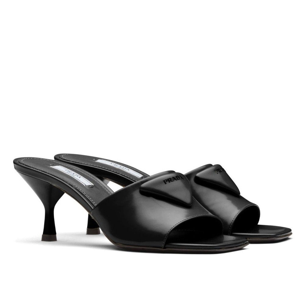 Cheap Reps Prada Heeled Slide Sandals 65mm In Black Leather