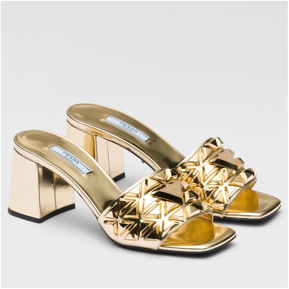 Cheap Reps Prada Heeled Slide Sandals 65mm In Gold Metallic Leather