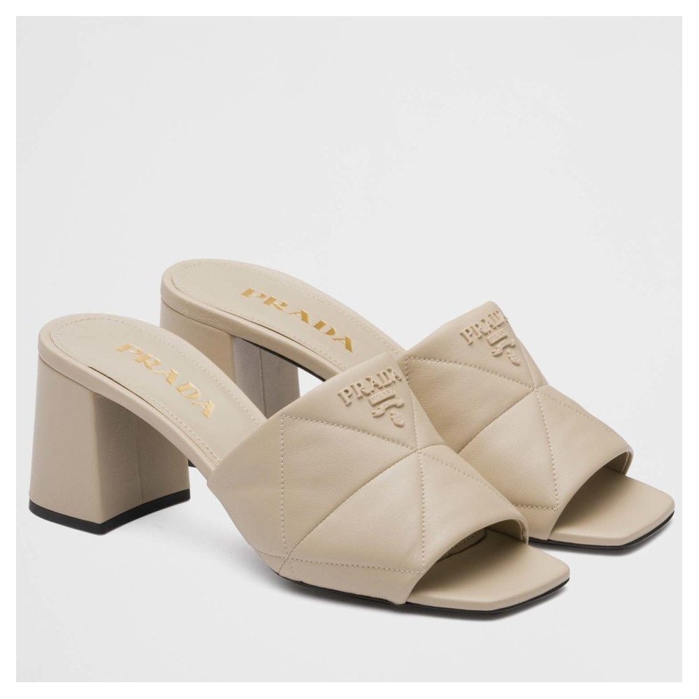 Cheap Reps Prada Heeled Slide Sandals 65mm In Beige Nappa Leather