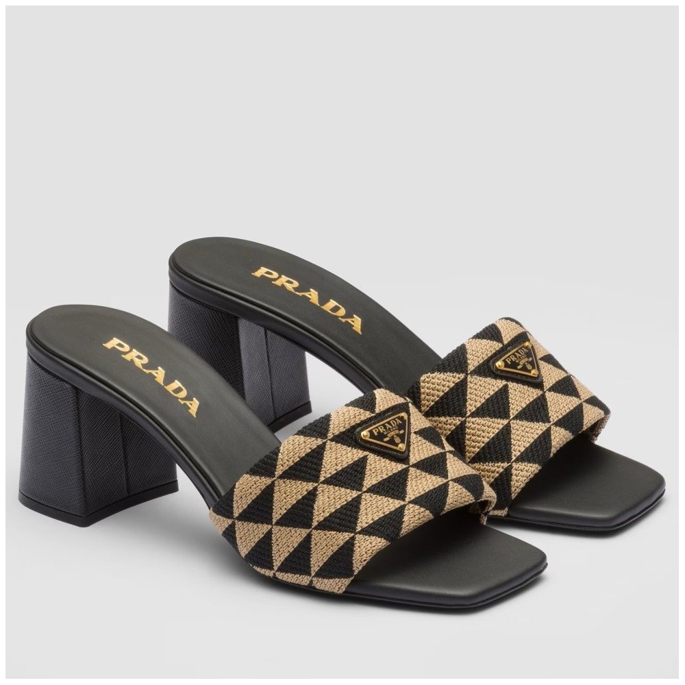 Cheap Reps Prada Heeled Slide Sandals 65mm in Black and Beige Fabric