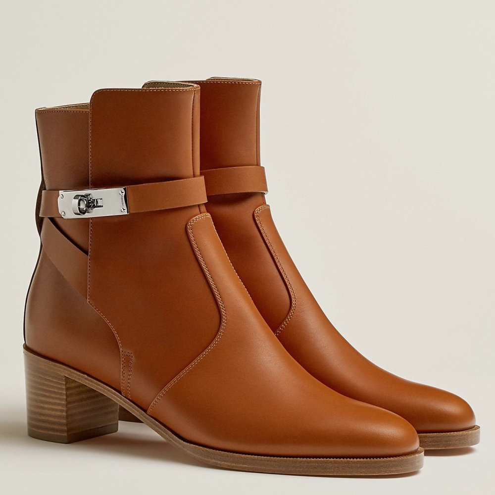 Cheap Reps Hermes Frenchie 50mm Ankle Boots In Brown Calfskin